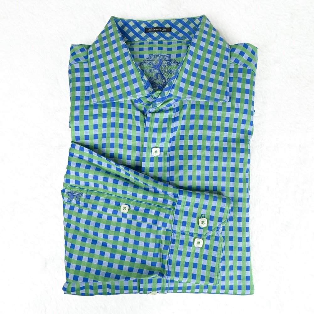 Bugatchi Men's Large Classic Fit Button Up Shirt Blue Green Check 100% Cotton